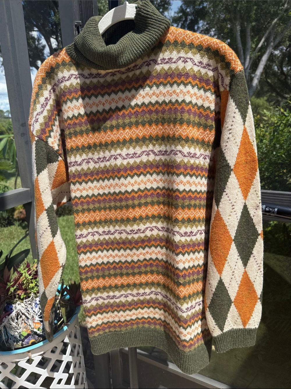 Esprit lambswool Olive, Orange & Cream Fair Isle Turtleneck Sweater